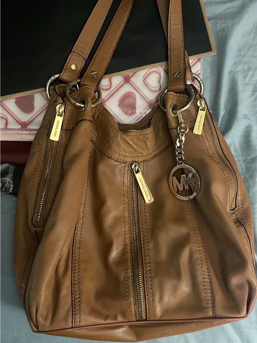 Michael Kors Cognac Leather Shoulder Bag with MK Charm